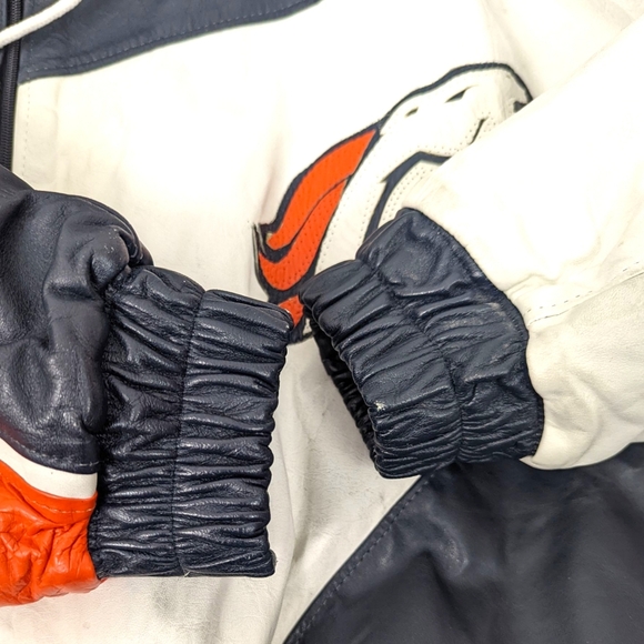 Vintage 90s Denver Broncos Leather Jacket Bootleg Mens XL Orange Blue Football - Picture 13 of 14